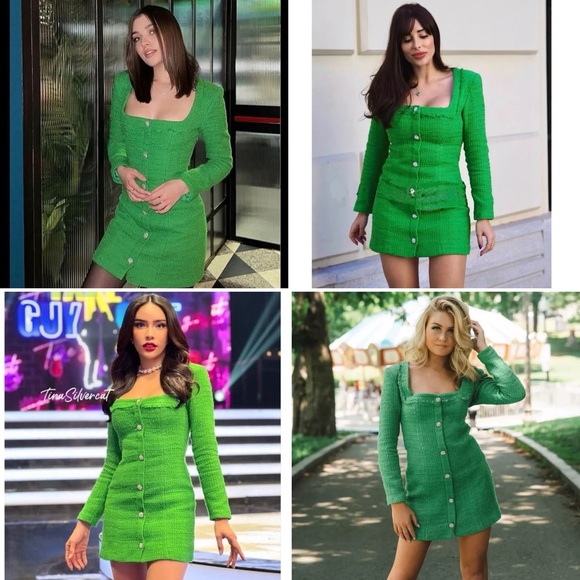ZARA Kelly Green Textured Tweed Mini Dress Jewel Buttons NWT S Blogger Favorite - Picture 5 of 16